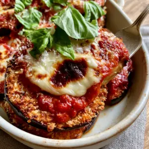 A stack of golden-brown panko-breaded eggplant slices in a white baking dish topped with blistered mozzarella and basil. (eggplant parmesan)