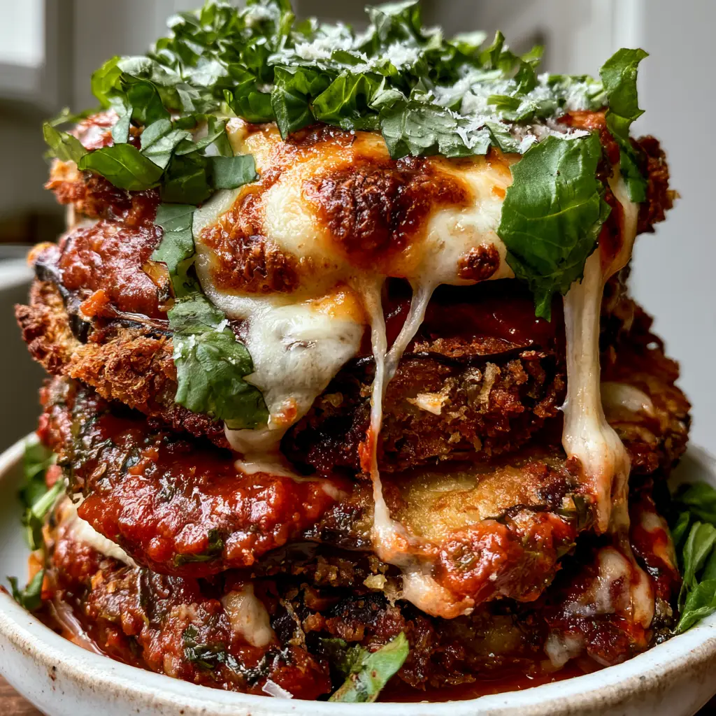 A rustic stoneware dish featuring melted mozzarella cheese pulls and fresh basil over Oven Baked Eggplant Parmesan.
