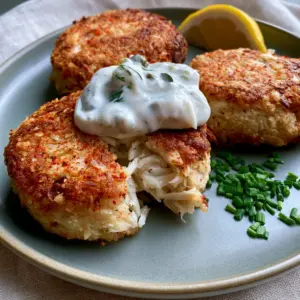 A close-up smartphone photo of air-fried vegan crab cakes showing toasted panko and fresh chives. (vegan crab cakes)