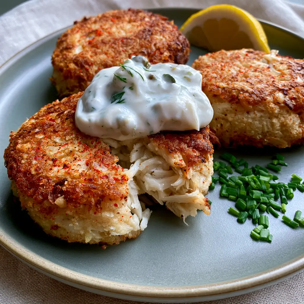 Vegan Crab Cakes with Flaky Hearts of Palm and Old Bay 2 A close-up smartphone photo of air-fried vegan crab cakes showing toasted panko and fresh chives. (vegan crab cakes)