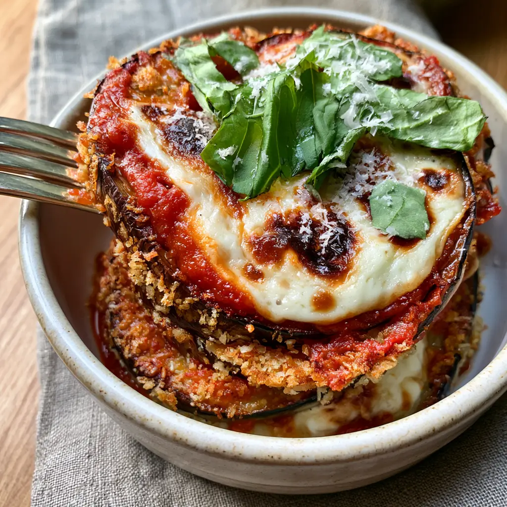 Close up of melted mozzarella with charred spots over thick red marinara sauce on eggplant parmesan.