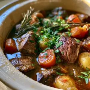 A smartphone macro photo of a hearty Whole30 beef stew inside a ceramic slow cooker with steam wisps and rosemary. (Whole30 crockpot recipes)