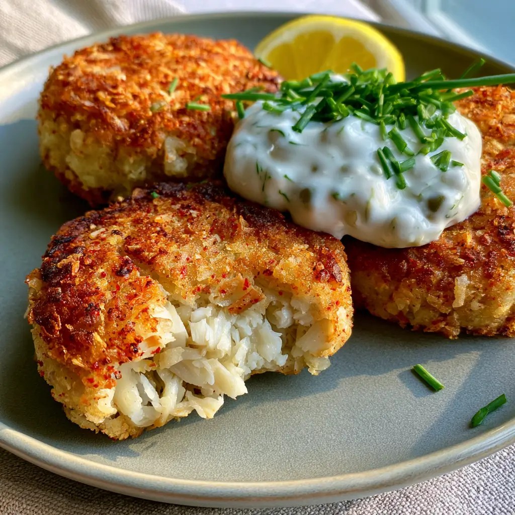 Vegan Crab Cakes with Flaky Hearts of Palm and Old Bay 1 One vegan crab cake split open to reveal a moist, flaky interior mimicking jumbo lump crab meat.