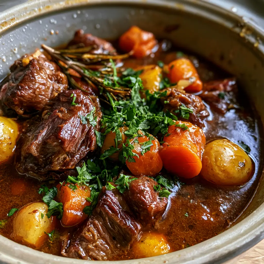 Hearty Whole30 beef stew featuring tender seared grass-fed beef, orange carrot coins, and baby yellow potatoes in a glossy reduction.
