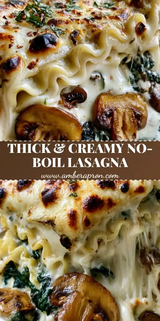 A vertical photo of a thick slice of creamy spinach mushroom lasagna being lifted to show a dramatic mozzarella cheese pull and wavy noodle layers.