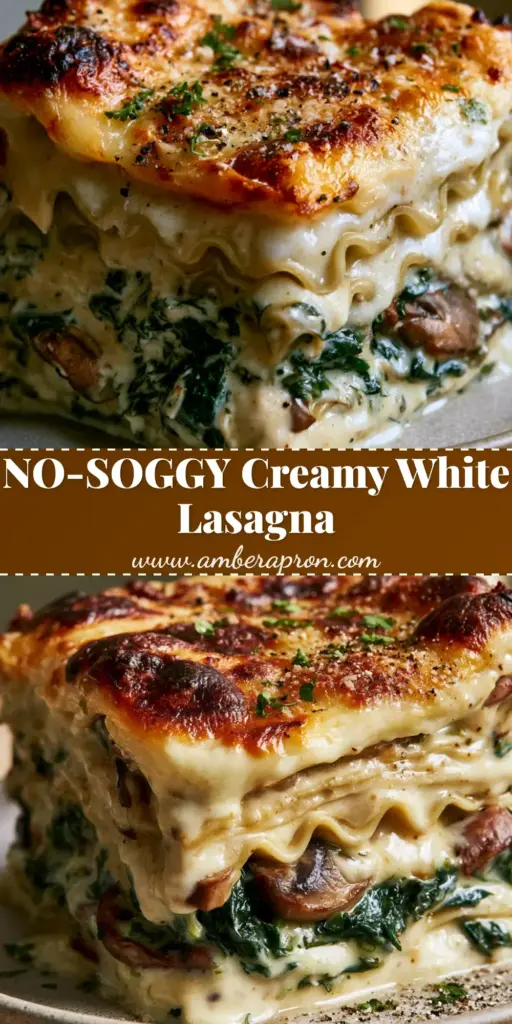 A tall, structural slice of creamy spinach and mushroom lasagna with thick garlic bechamel and a bubbly golden-brown cheese crust on a matte plate. (creamy spinach and mushroom lasagna)