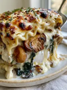 Close up side profile of creamy spinach mushroom lasagna showing wavy noodles, white sauce, and seared mushrooms.