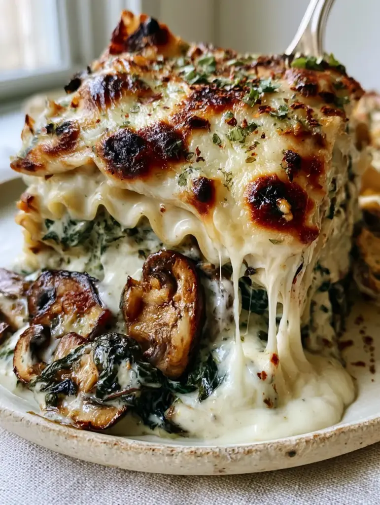 Top view of a toasted golden-brown parmesan crust on a spinach and mushroom lasagna with fresh basil garnish.