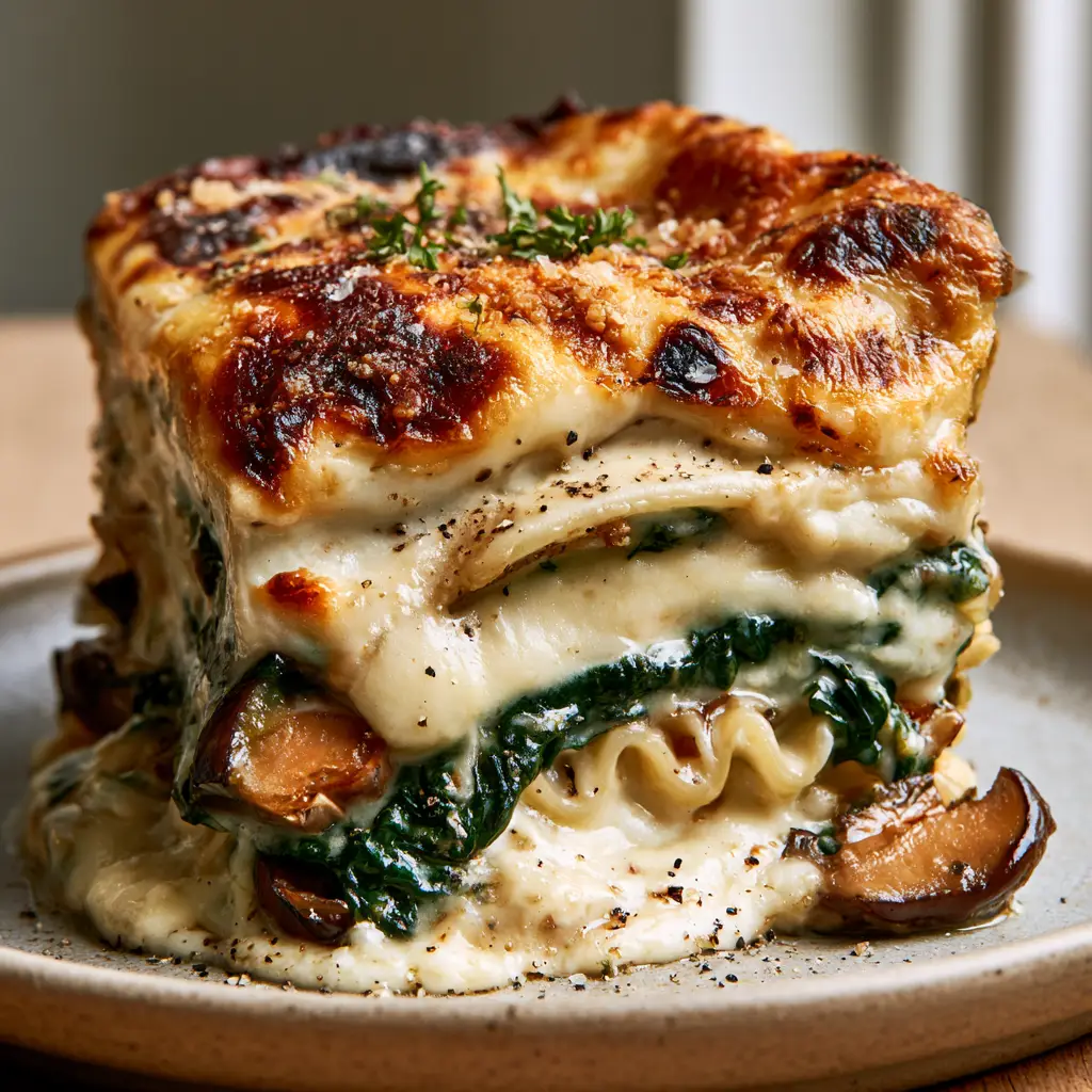 Close up shot of the toasted golden-brown parmesan crust on top of a creamy spinach and mushroom lasagna with fresh parsley garnish.