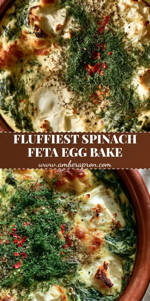 A close-up shot of a gourmet spinach feta egg bake in a terracotta dish with a golden mozzarella crust and fresh dill garnish.