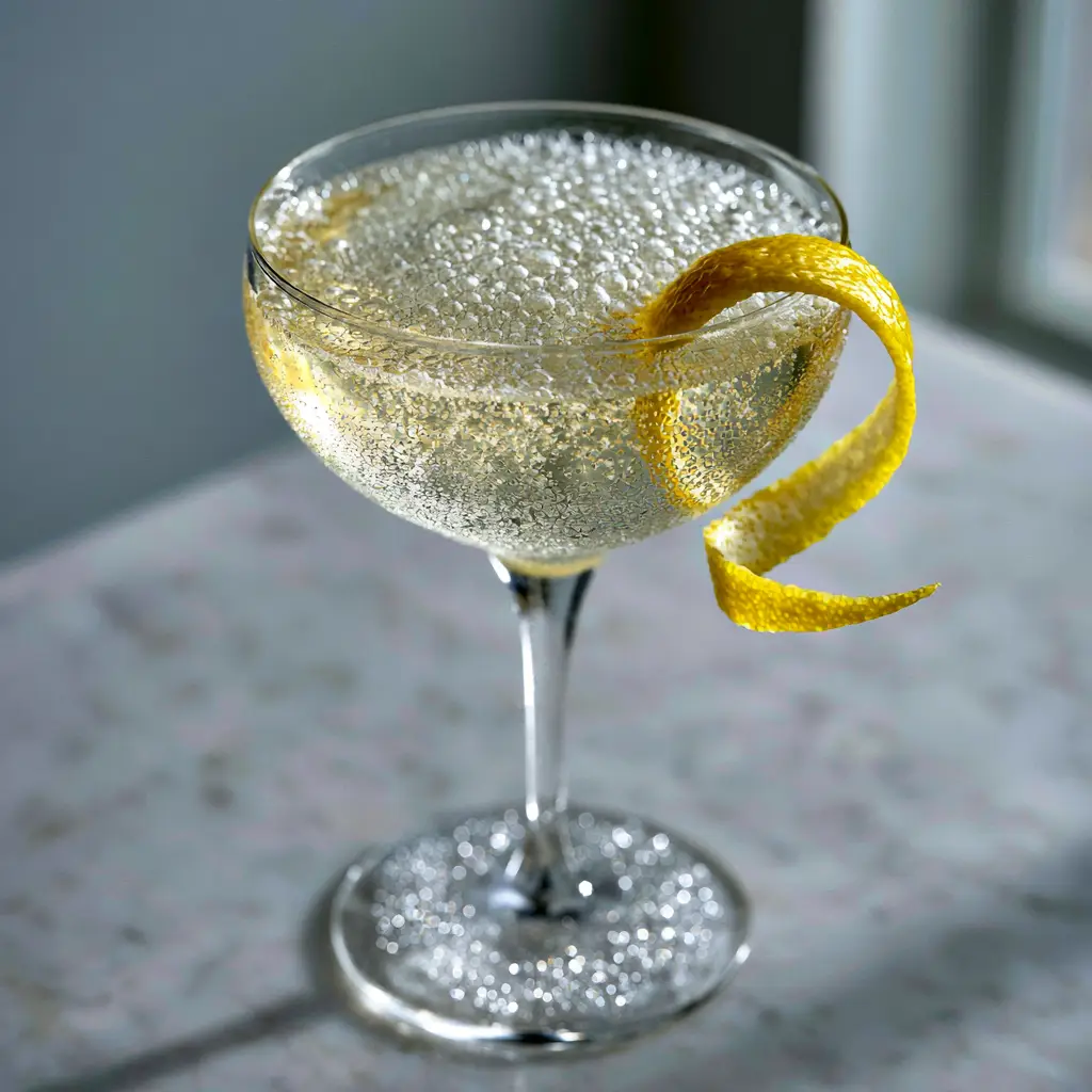 High-end French 75 cocktail in a vintage crystal glass on marble. (French 75 cocktail poster)