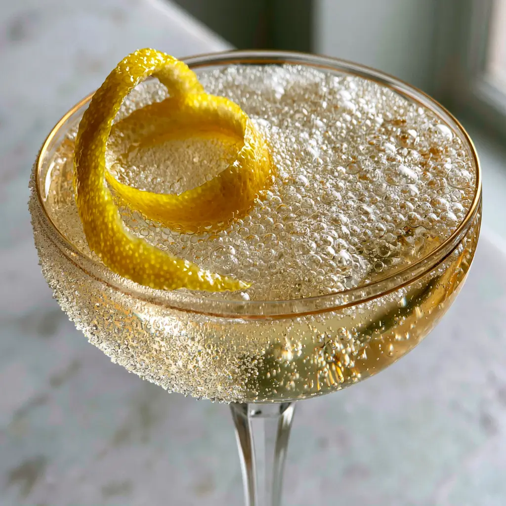 Close up of a French 75 cocktail showing the paper-thin lemon zest spiral and micro-fine condensation droplets.