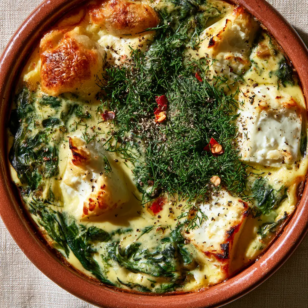 Detail shot of charred feta chunks and red chili flakes on top of a fluffy spinach feta egg bake.