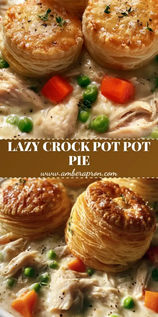 A premium Chicken Pot Pie in a white ceramic crock topped with four ultra-flaky golden-brown puff pastry rounds and fresh thyme.