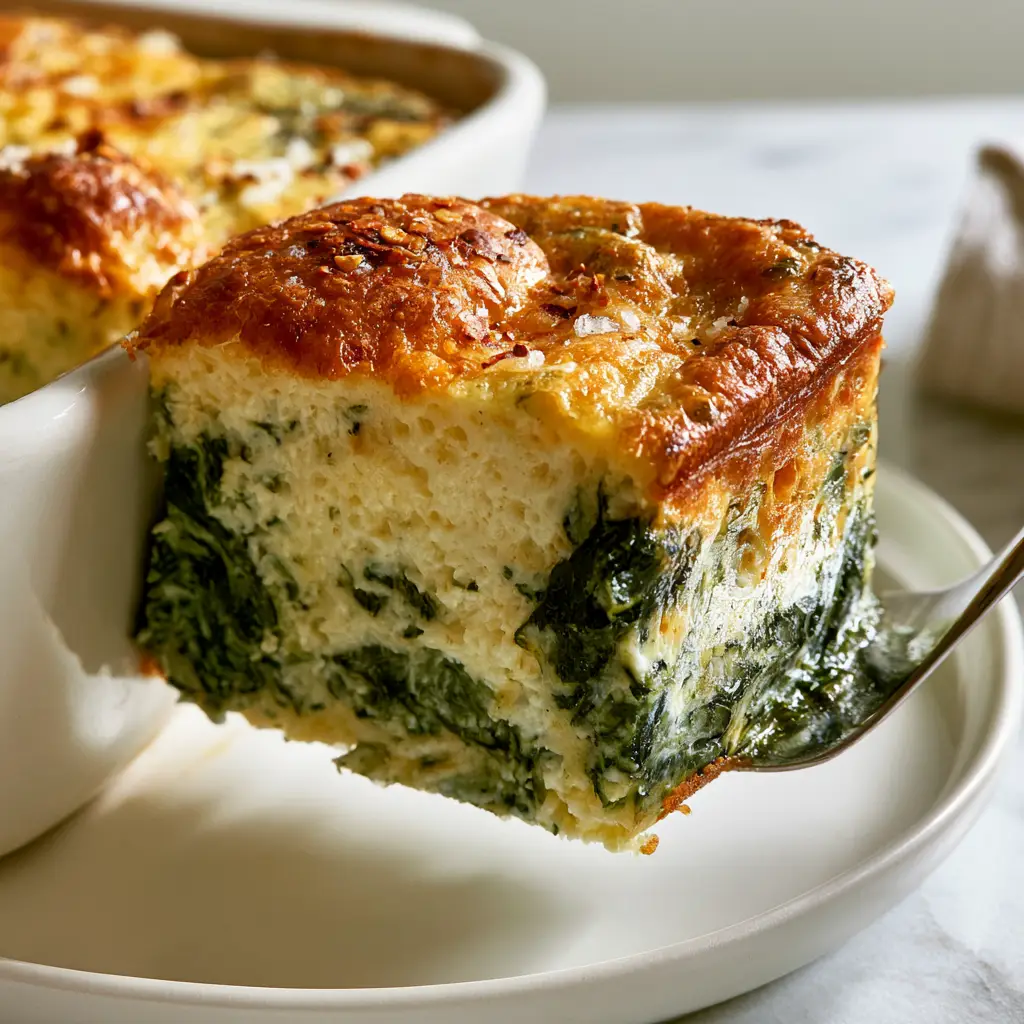 Close up of the golden-brown toasted parmesan crust on a Spinach Cottage Cheese Egg Bake with red pepper flakes.