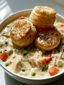 Close-up of bubbling ivory cream sauce with shredded chicken, peas, and carrots in a Chicken Pot Pie.