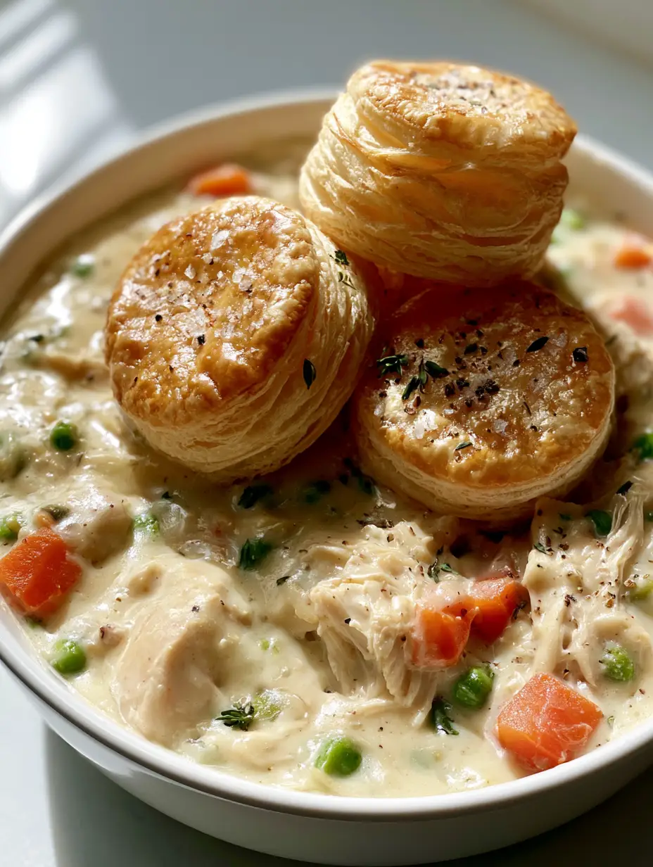Close-up of bubbling ivory cream sauce with shredded chicken, peas, and carrots in a Chicken Pot Pie.