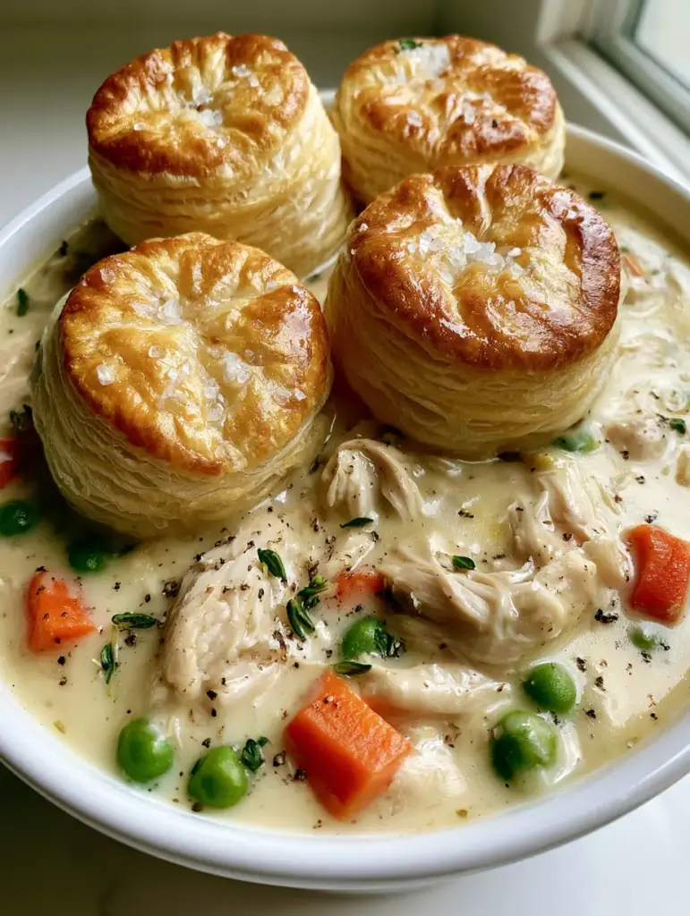 High-angle shot of a white ceramic crock pot showing steam vapors rising from a fresh Chicken Pot Pie.