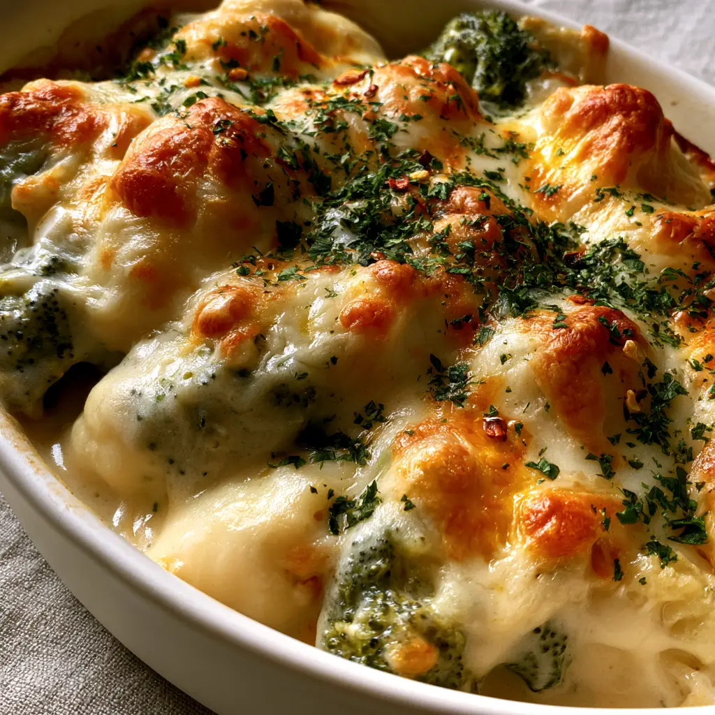 Angle close-up of tender broccoli florets smothered in ivory cheese sauce within a cheesy cauliflower broccoli casserole.