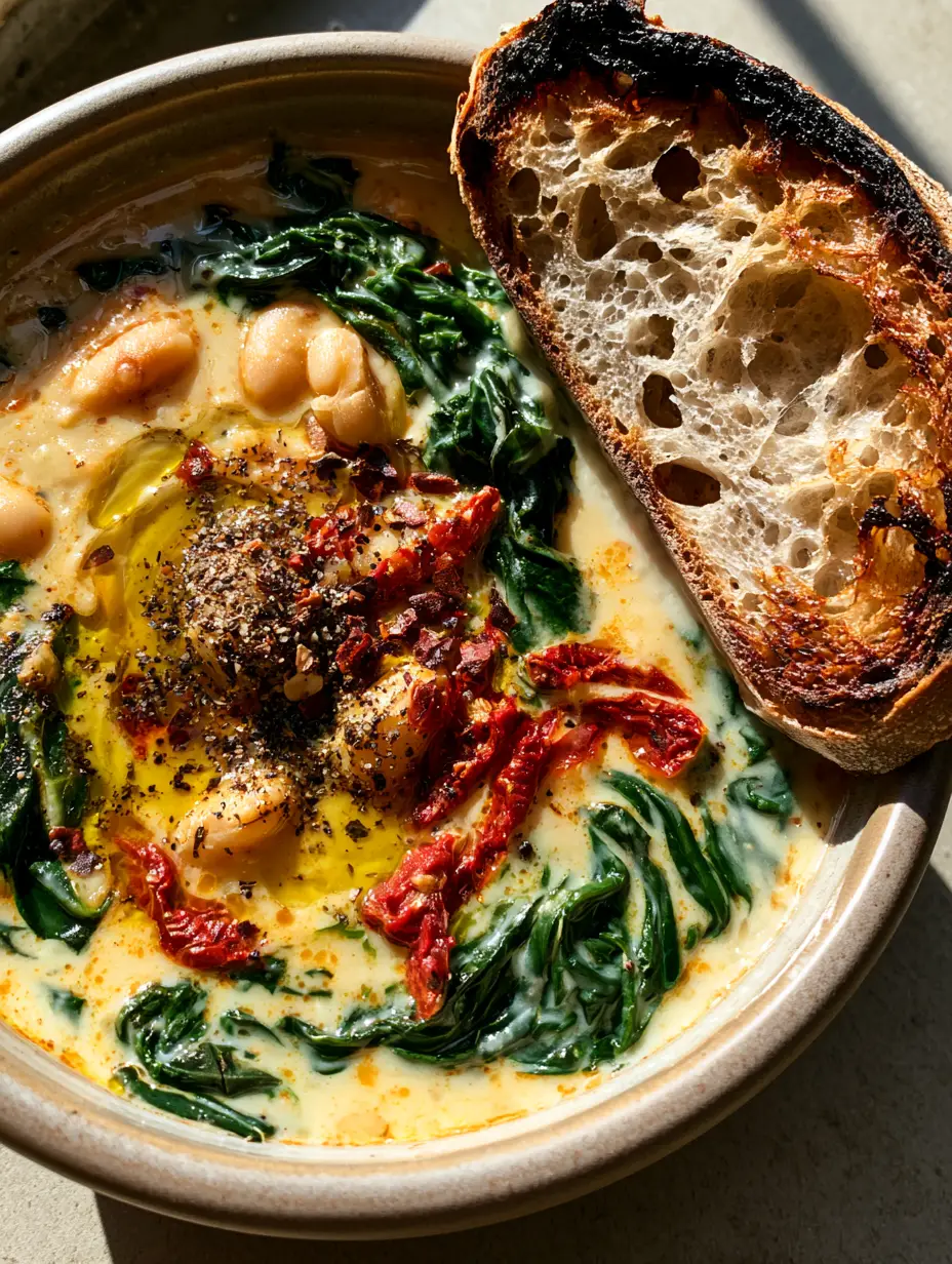 Close up of creamy Tuscan White Bean Soup showing the velvety ivory broth and forest green kale ribbons.