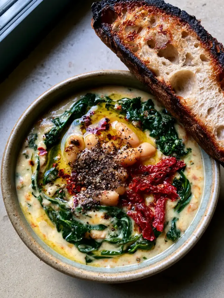 Rustic bowl of Tuscan White Bean Soup garnished with red chili flakes and a golden olive oil swirl.