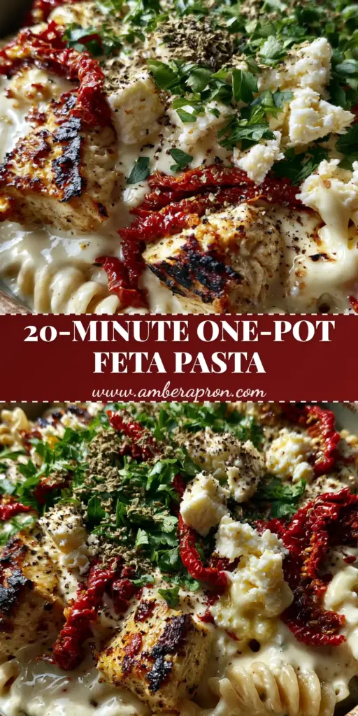 A close-up of Mediterranean Chicken Feta Pasta in a ceramic bowl with al dente fusilli, velvety white sauce, and seared chicken.