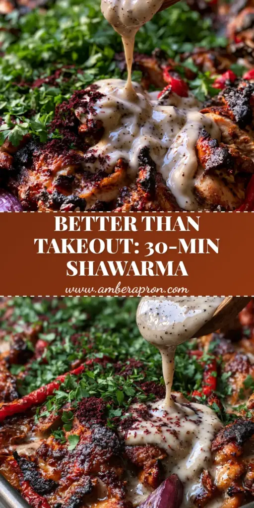 Close up photo of a dark metallic sheet pan filled with roasted chicken shawarma, blistered peppers, and a drizzle of garlic sauce. (chicken shawarma)