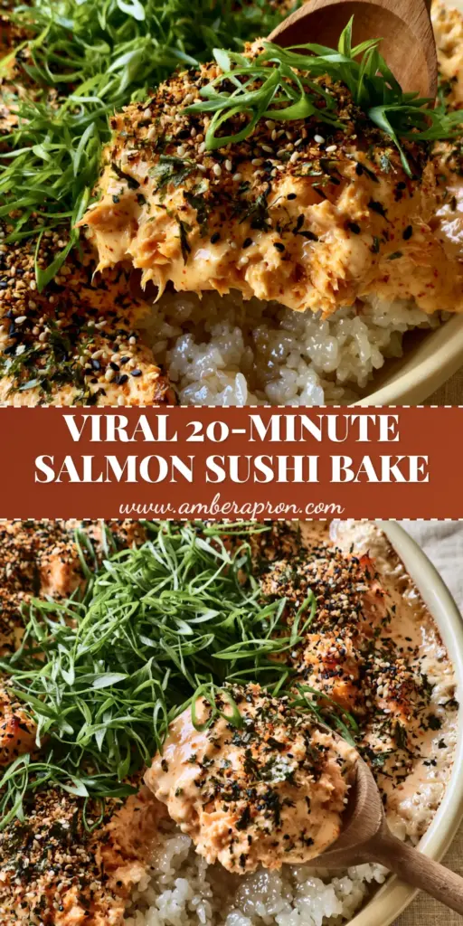 A handheld scoop lifting a portion of Spicy Salmon Sushi Bake showing layers of rice and golden-brown salmon topping.