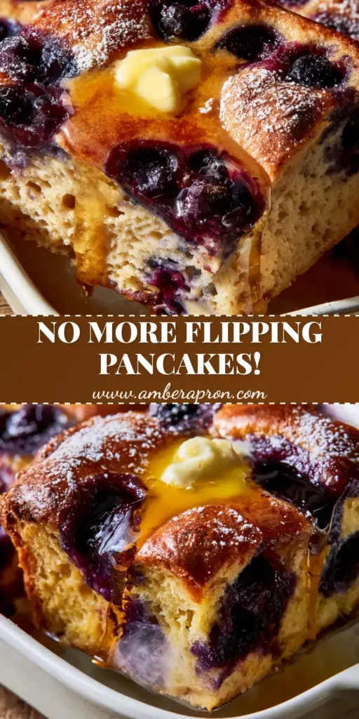 A close-up shot of a Blueberry Buttermilk Pancake Casserole slice dripping with maple syrup and topped with melting salted butter.