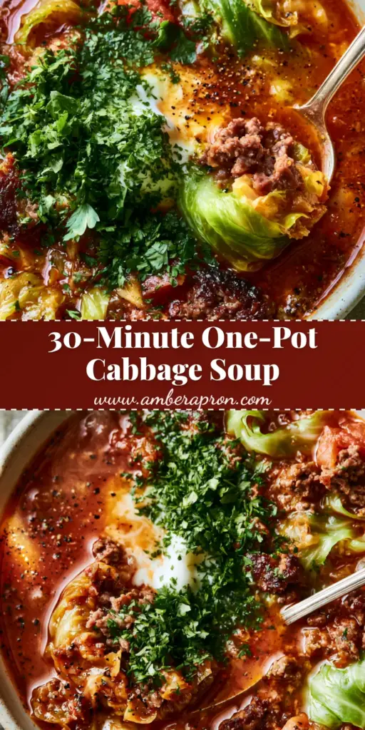 A top-down close up of unstuffed cabbage roll soup in a white bowl with a silver spoon, garnished with sour cream and parsley.