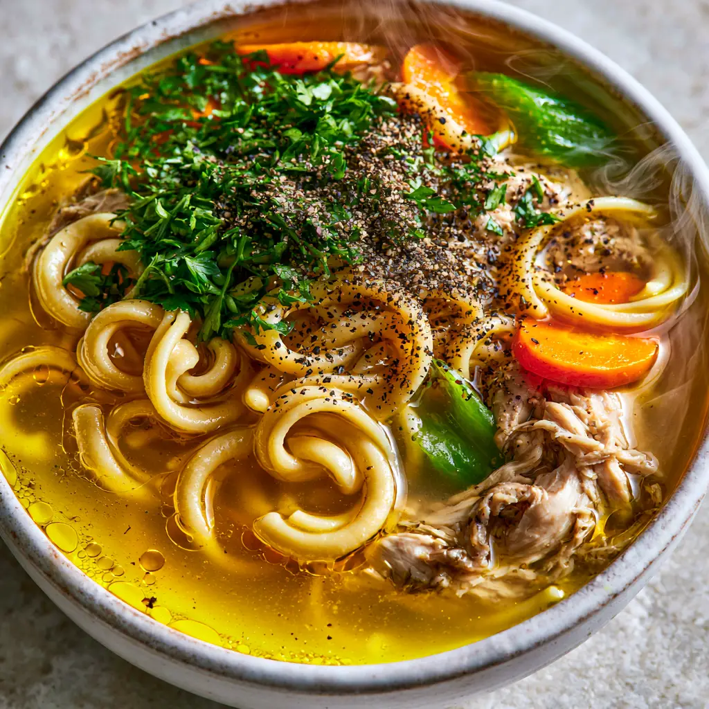 Extreme close-up of golden chicken broth with glistening oil droplets and shredded chicken in Instant Pot Chicken Noodle Soup.