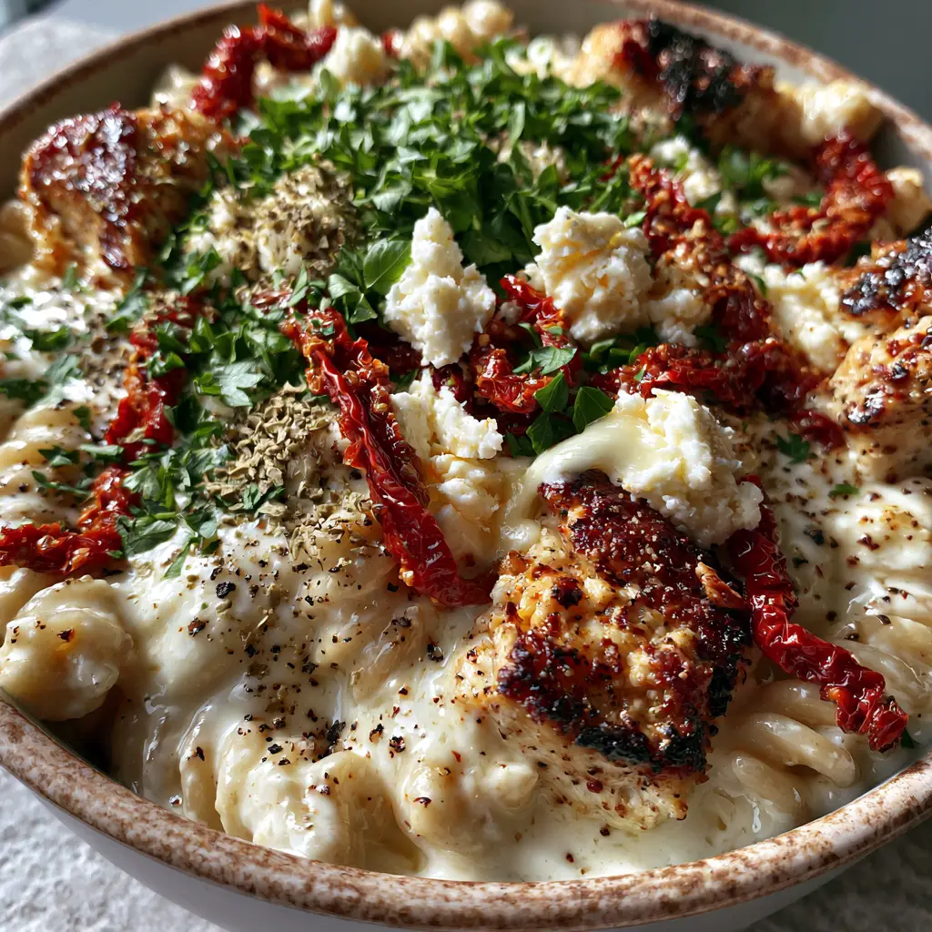 Rustic bowl of fusilli pasta coated in white feta cream sauce with vibrant red sun-dried tomatoes.