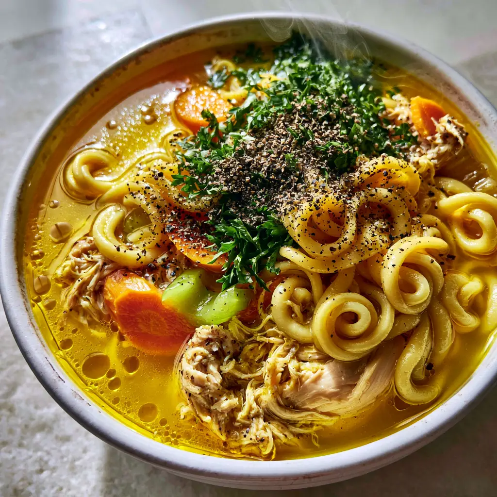 Rustic white ceramic bowl filled with thick curly egg noodles, bright orange carrots, and vivid green celery in a rich chicken soup.