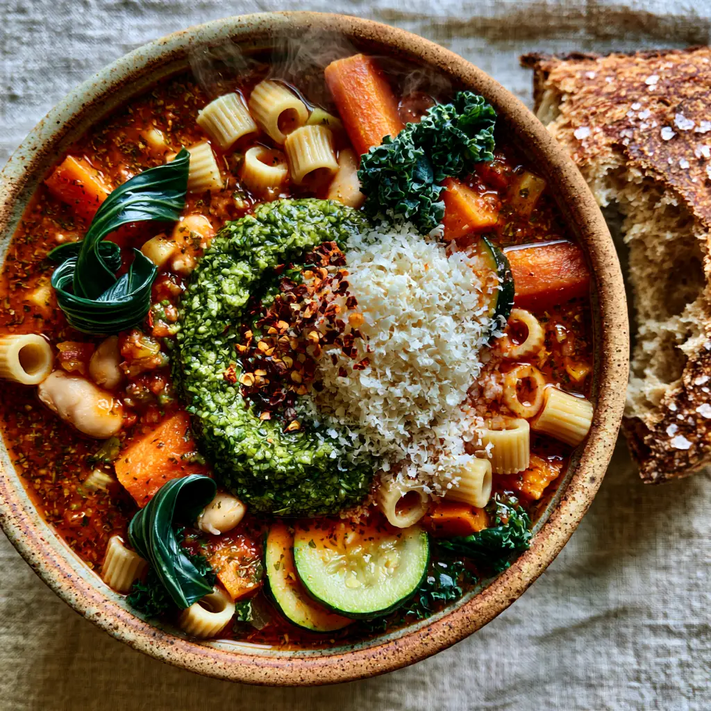 Top-down view of Winter Minestrone Soup in a rustic pot with crusty toasted sourdough bread on the side.