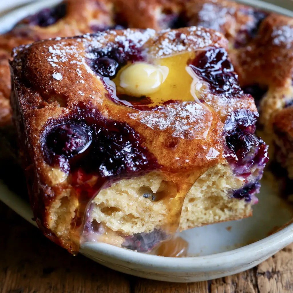 Top view of a Blueberry Buttermilk Pancake Casserole with a golden-brown surface and jammy purple blueberries.
