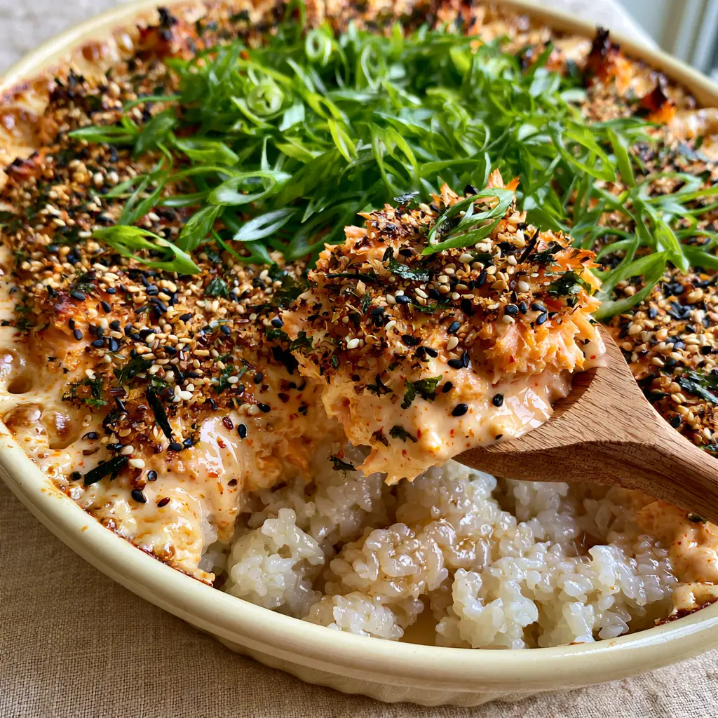 Close up of the furikake and scallion crust on a Spicy Salmon Sushi Bake.