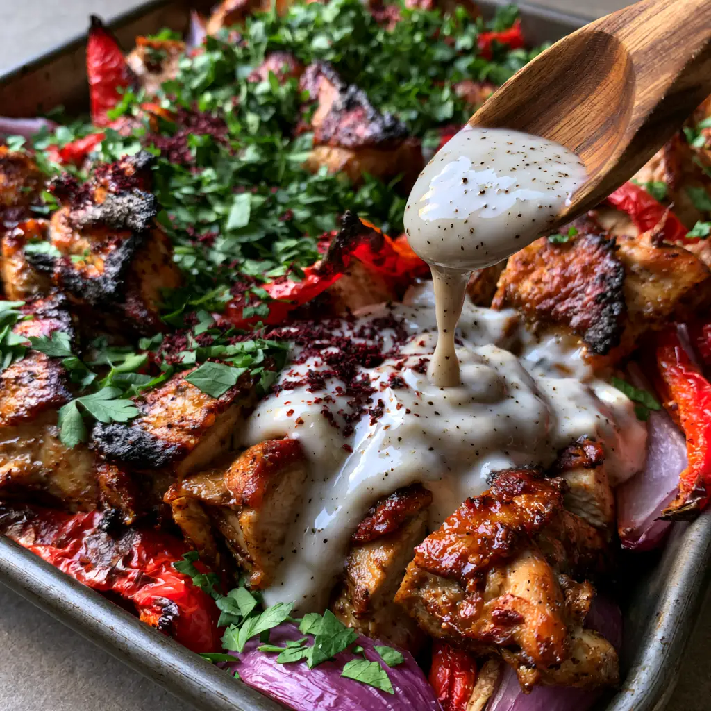 Creamy white garlic sauce drizzling over chicken shawarma from a wooden spoon.