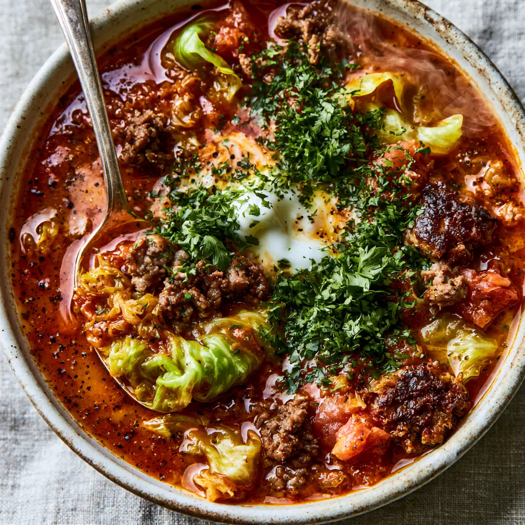 A rustic matte white bowl filled with steaming unstuffed cabbage roll soup, topped with a dollop of sour cream and fresh herbs.