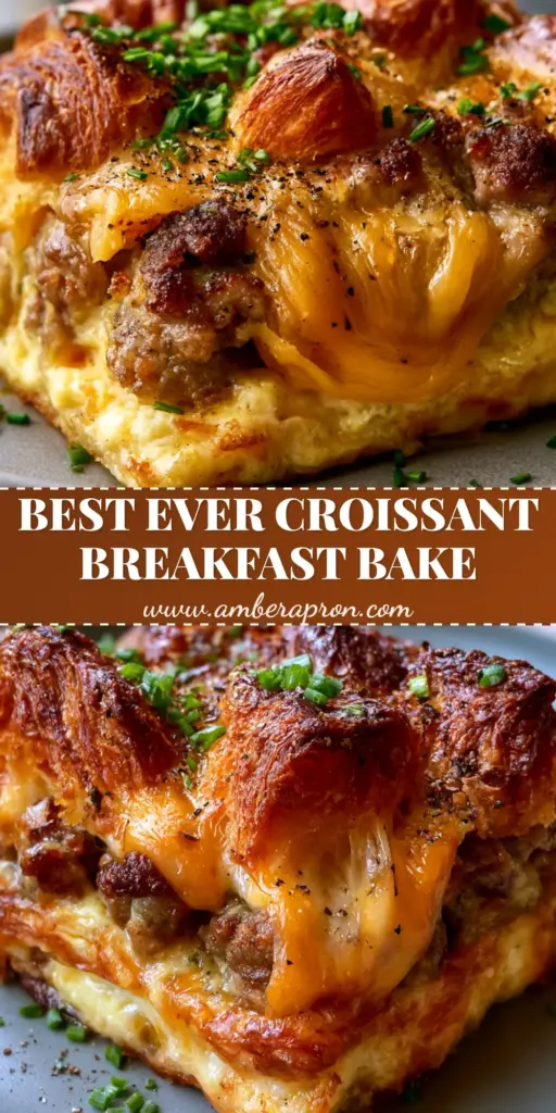 A vertical Pinterest pin showing a thick square slice of Croissant bake breakfast casserole with gooey cheese pulls and toasted golden-brown tops.