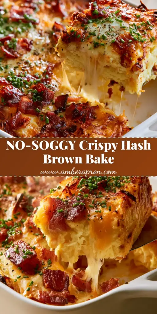 A close-up shot of a slice of bacon egg and hash brown casserole being lifted with a spatula, showing a long cheese pull and crispy potato edges.