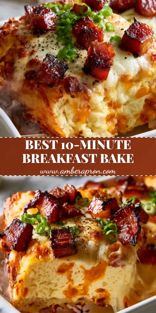 A thick square slice of bacon cheese breakfast casserole with a gooey mozzarella cheese pull and charred bacon bits.