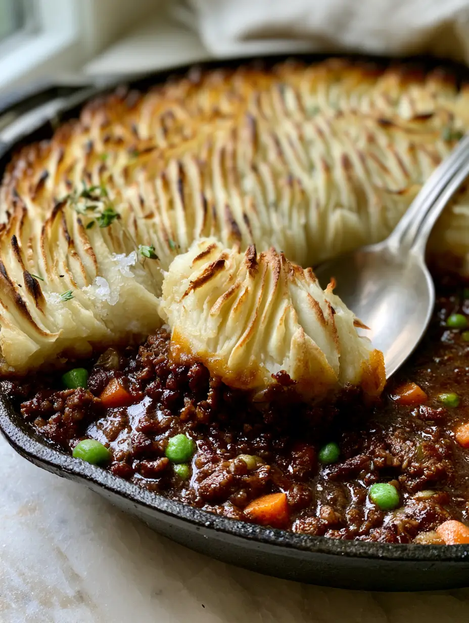 Close up of Shepherd's Pie in a cast iron skillet showing the steam rising and the thick beef gravy with carrots and peas.