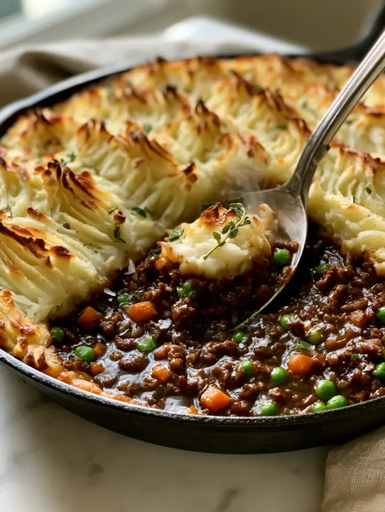 A wide shot of Shepherd's Pie on a marble countertop with a silver spoon revealing the carrot and pea filled beef layer.