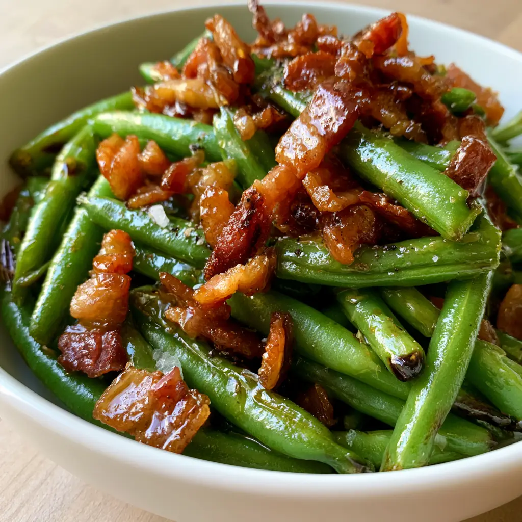 Overhead shot of crack green beans served in a modern white ceramic dish on a light wood surface.
