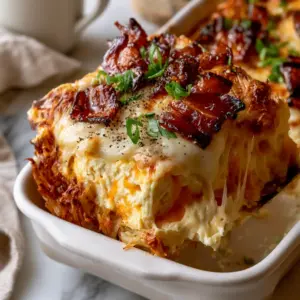 Close-up of crispy golden shredded hash browns and fluffy eggs in a bacon cheese breakfast casserole.