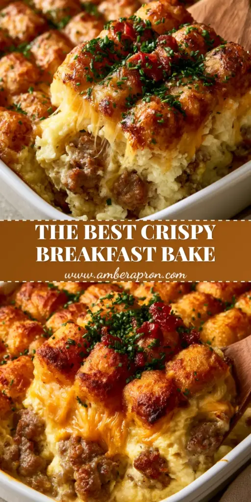 A square serving of Tater tot sausage breakfast casserole being lifted with a wooden spatula, showing gooey cheese strings and crispy golden tots.