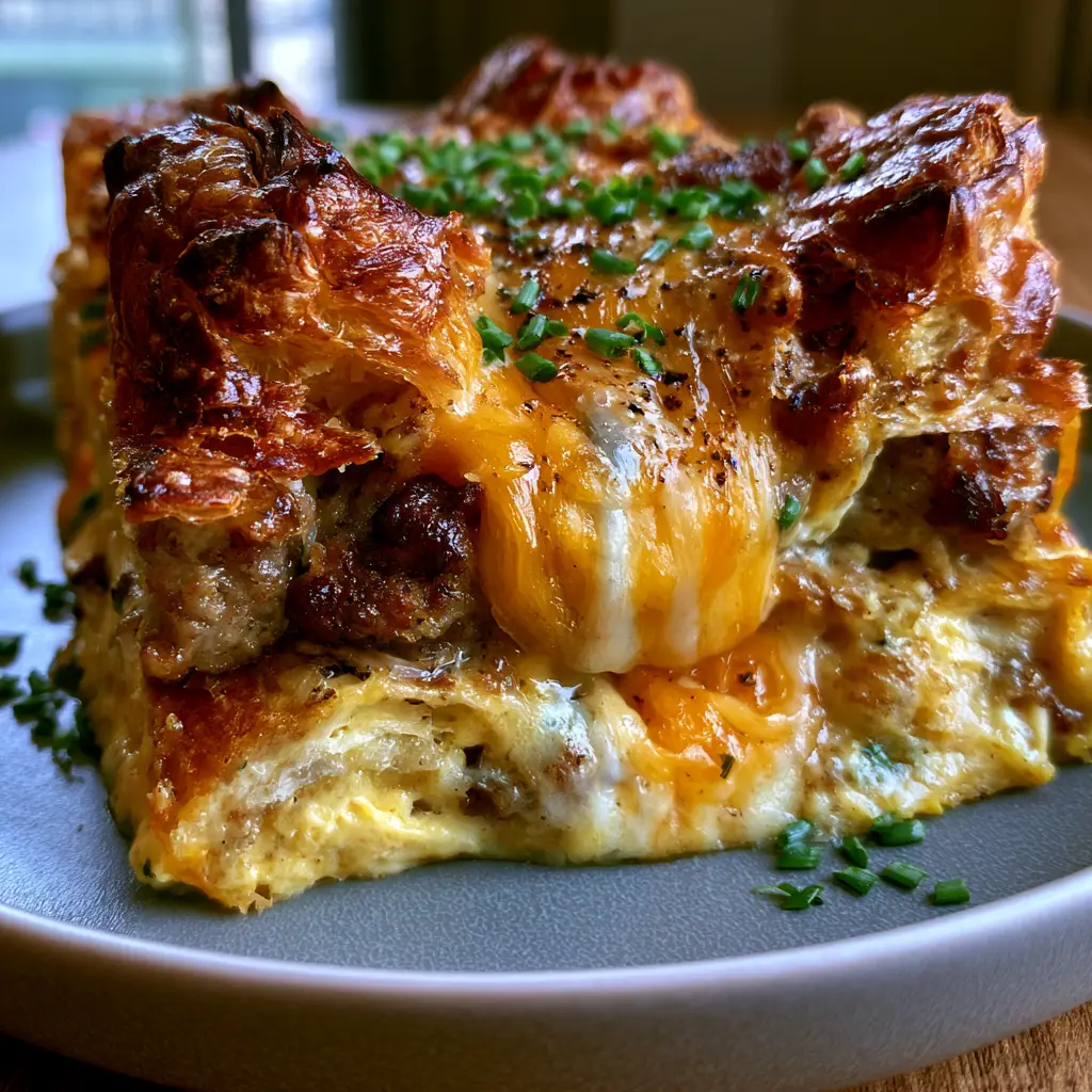 Side profile of a Croissant bake breakfast casserole showing the creamy custard base and browned pork sausage layers.