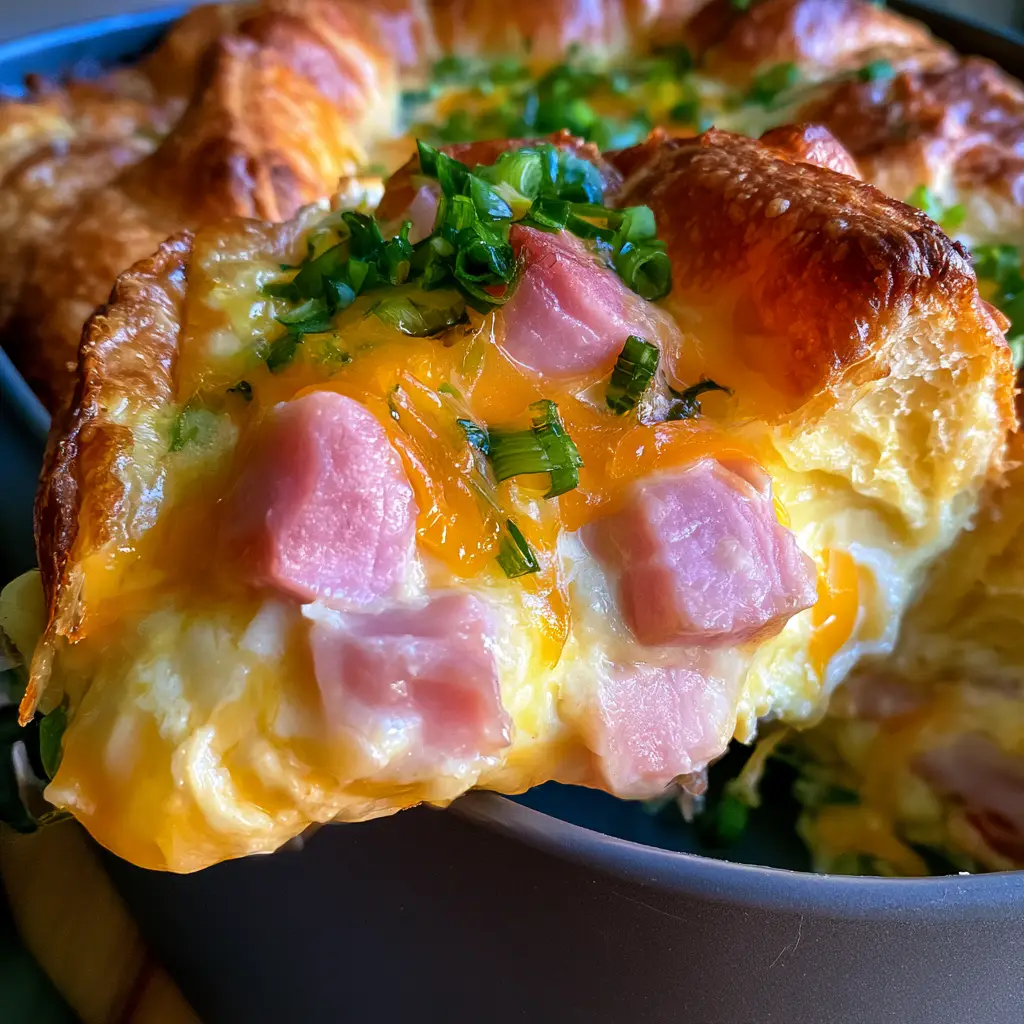 Golden brown flaky crescent roll pastry top of a cream cheese breakfast casserole with fresh green scallions.