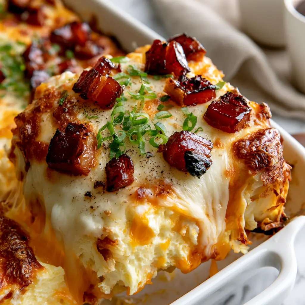 Toasted bubbly mozzarella and charred maple bacon on top of a breakfast casserole.