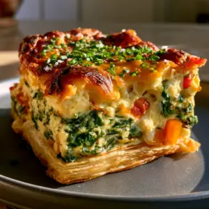 Macro shot of fluffy aerated eggs and glistening bell peppers in a breakfast crescent roll veggie egg casserole. (breakfast crescent roll veggie egg casserole)
